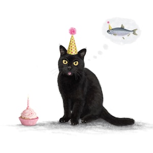Greeting card with birthday cat not like his birthday cup cake
