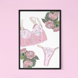 Pink Lace Lingerie Art, Girly Wall Decor, Gift for Her, Pink Flower Art, Coquette Wall Art