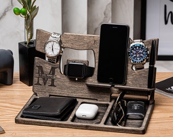 Personalized Wood Gift for Men, Gift for dad, Wooden Docking Station, for iPhone & Android, Birthday present ideas for Him, Office organizer