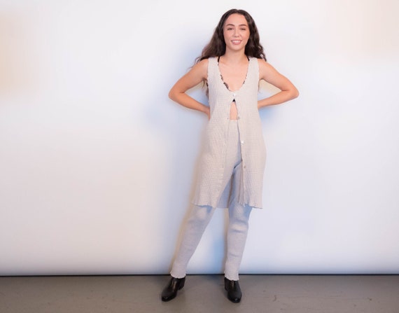 90s Oatmeal Crinkled-Knit Two-Piece Pant Set size