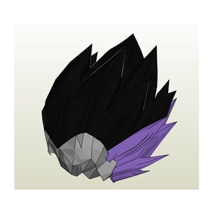 May include: A black and purple papercraft model of a spiky hairstyle. The hair is styled in a sharp, angular fashion with a purple section on the right side.
