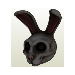 May include: A gray rabbit mask with long, floppy ears. The ears are lined with a dark red color. The mask has a realistic, almost skeletal, appearance with dark eye sockets and a small, pink nose.