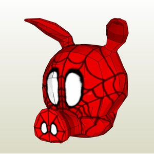 May include: A red and black Spider-Man-themed pig mask. The mask features a web pattern and large white eyes. The pig's snout also has a Spider-Man web design. The ears are pointed and red.