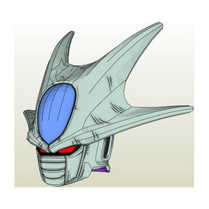 Könnte beinhalten: Ein 3D-gedrucktes Modell eines Helms mit einem blauen Visier und roten Augen. Der Helm besteht aus einem hellgrauen Material und hat ein scharfes, kantiges Design.