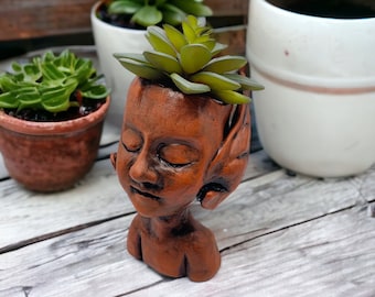 Handmade Faerie Head Planter: Ceramic Succulent Pot, Garden Decor