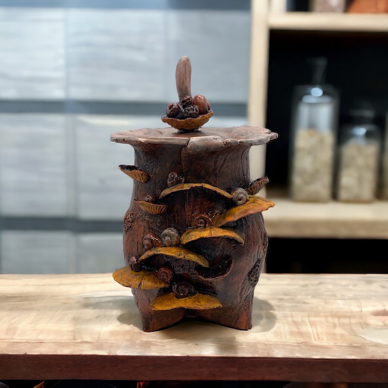 Ceramic Apothecary Mushroom and Snails, Fairy Magic, Rustic, Lidded Jar 1 image 2