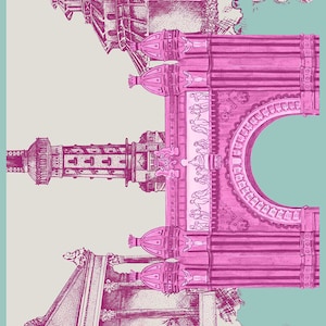 May include: A vintage illustration of architectural structures in pink and white, with the text "Exposición Universal de 1888" in a decorative font.