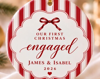 First Christmas Engaged Ornament, Personalized Striped Bow, Couple Engaged Keepsake, Newly Engaged Gift, Engagement CeramicOrnament 2026