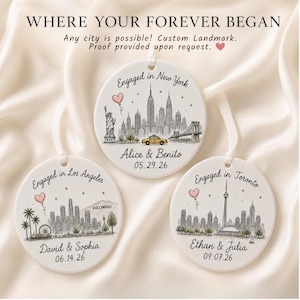 Personalization examples for custom city, couple names and engagement date on ceramic ornaments.