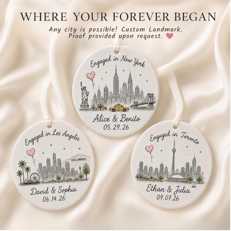 Personalization examples for custom city, couple names and engagement date on ceramic ornaments.