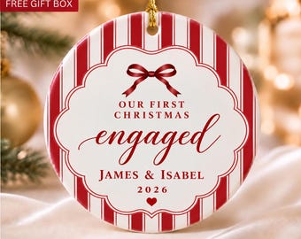 First Christmas Engaged Ceramic Ornament, Personalized Striped Bow, Couple Engaged Keepsake, Newly Engaged Gift, Engagement Ornament 2026