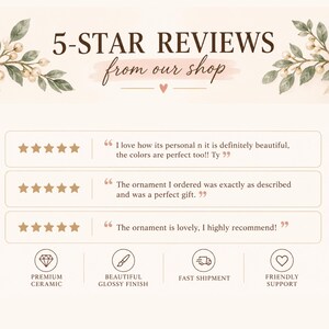 May include: A graphic display featuring the text 5-STAR REVIEWS from our shop with botanical illustrations. It includes three customer testimonials with five-star ratings and four icons labelled Premium Ceramic, Beautiful Glossy Finish, Fast Shipment, and Friendly Support.
