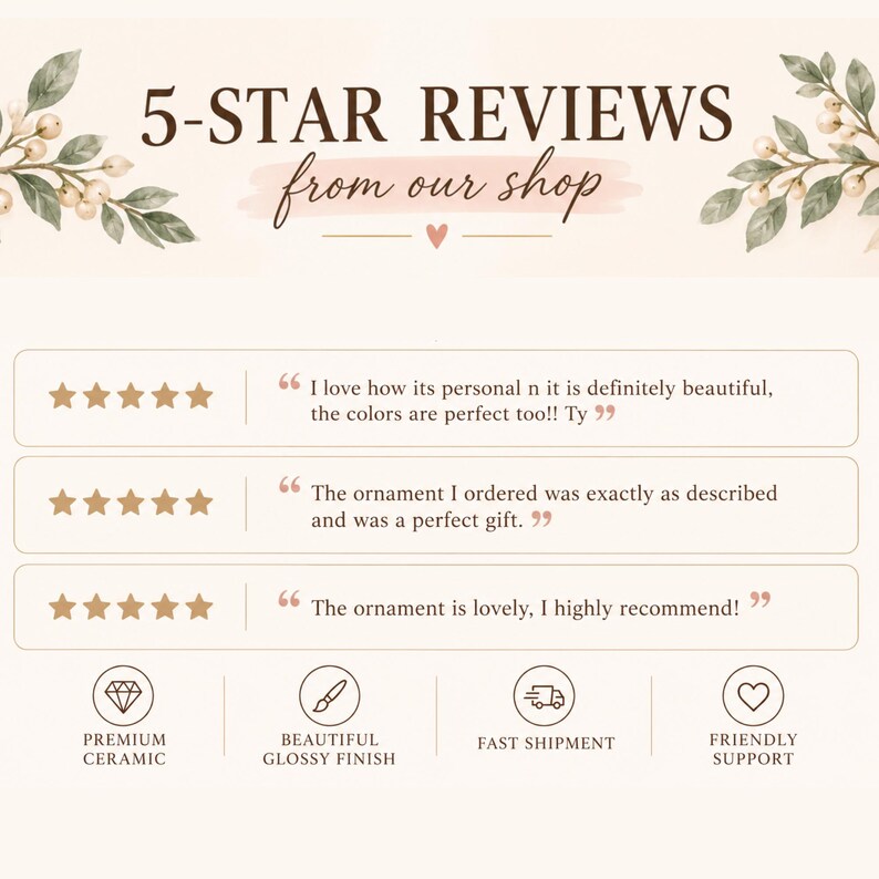 May include: A graphic display featuring the text 5-STAR REVIEWS from our shop with botanical illustrations. It includes three customer testimonials with five-star ratings and four icons labelled Premium Ceramic, Beautiful Glossy Finish, Fast Shipment, and Friendly Support.