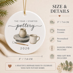 Size and material guide for the smooth round 3-inch ceramic pottery ornament with gold hanging string.