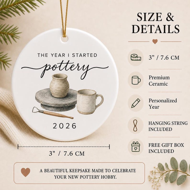 Size and material guide for the smooth round 3-inch ceramic pottery ornament with gold hanging string.
