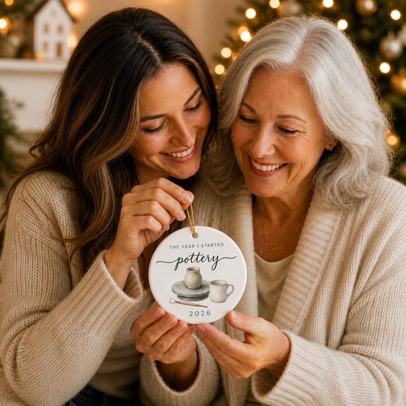 Gift moment featuring the pottery ornament as a Christmas present for a potter, clay artist, student or teacher.