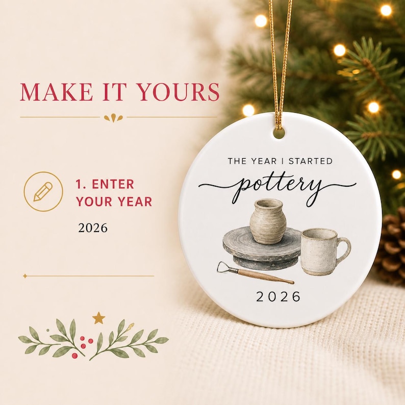 Personalization guide showing how to enter the year for the pottery Christmas ornament, with 2026 used by default.