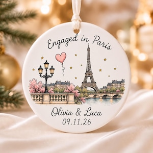 Personalized Engagement Ornament,  Couple Ornament, Custom Proposal Keepsake, First Christmas Engaged, Paris Ornament, Engagement Gift. Product image 9 of 9.
