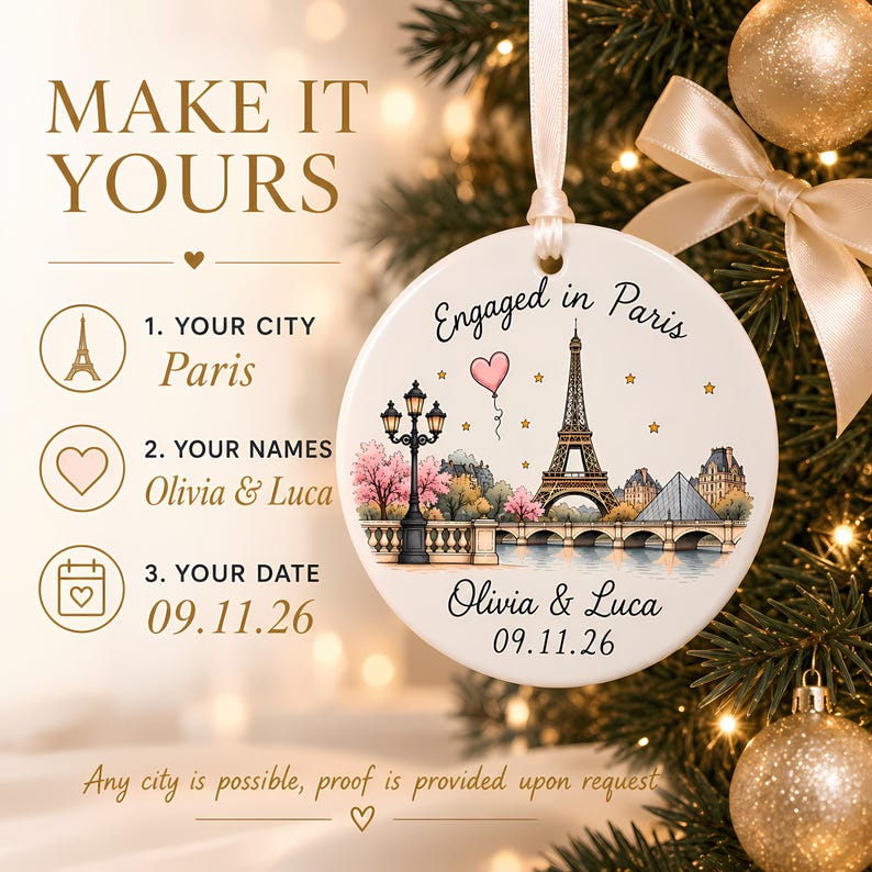 Personalized Engagement Ornament,  Couple Ornament, Custom Proposal Keepsake, First Christmas Engaged, Paris Ornament, Engagement Gift. Product image 3 of 9.
