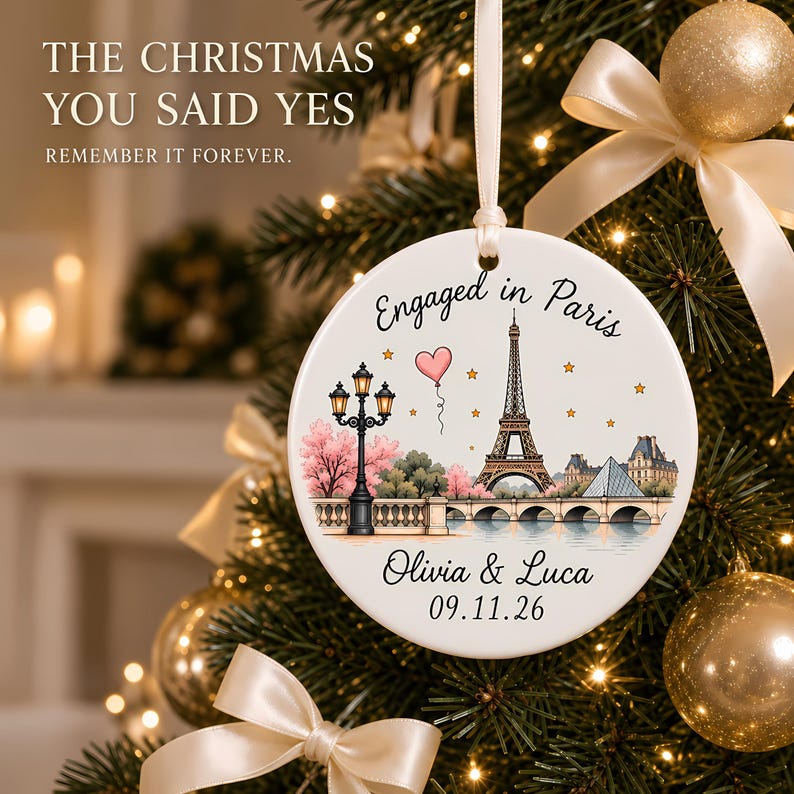 Personalized Engagement Ornament,  Couple Ornament, Custom Proposal Keepsake, First Christmas Engaged, Paris Ornament, Engagement Gift. Product image 7 of 9.