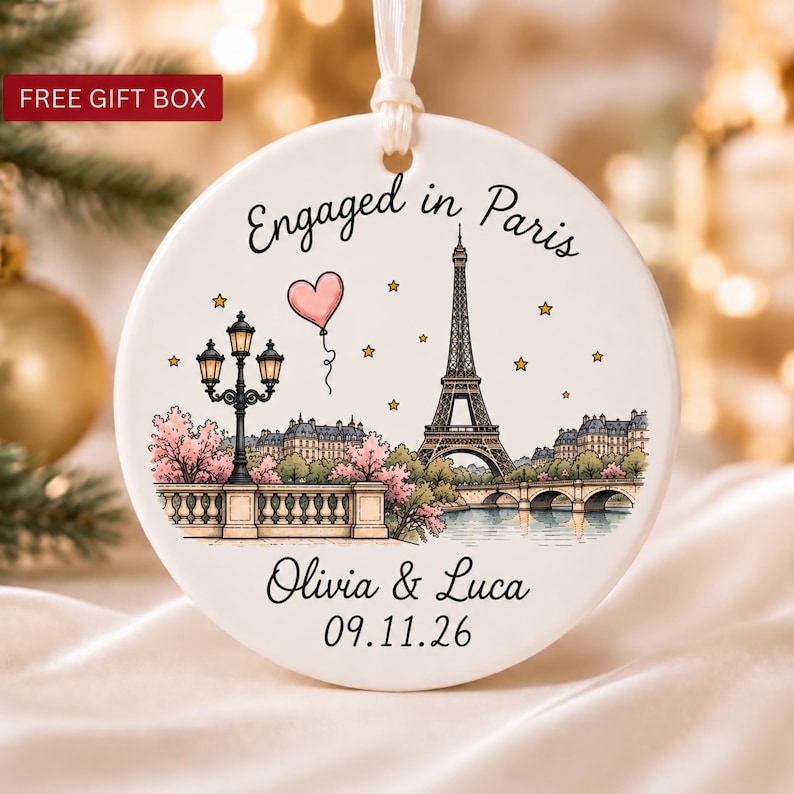 Personalized Engagement Ornament,  Couple Ornament, Custom Proposal Keepsake, First Christmas Engaged, Paris Ornament, Engagement Gift. Product image 1 of 9.