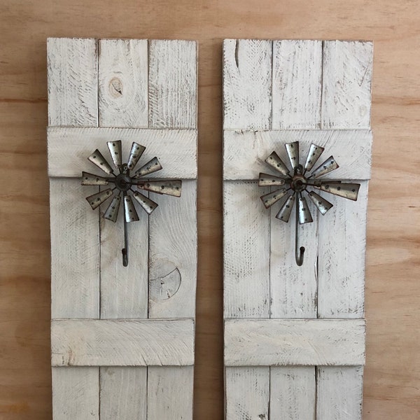 2 set White shutters,shutters with windmill,wood shutters,shutter wall decor,rustic shutters,farmhouse shutters
