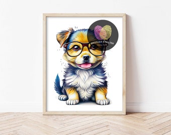 メガネをかけた犬のアクリル画 メガネをかけた犬のアートプリント、子供部屋の装飾（デジタル