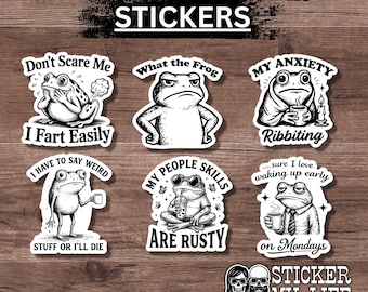 Sarcastic Frog Stickers | Funny Anxiety Introvert Humor Decals (Waterproof Vinyl)