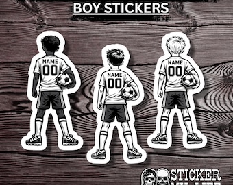 Personalized Boy Soccer Player Sticker: Custom Name & Number, Waterproof Vinyl - Boy Male