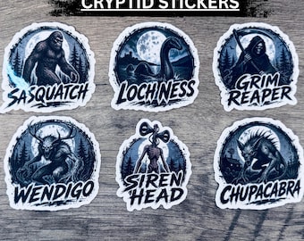 Cryptid Stickers | Sasquatch Loch Ness Wendigo Siren Head Chupacabra Grim Reaper | Waterproof Vinyl Decal | Buy 1 or all 6