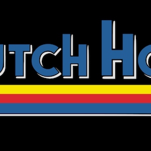 May include: The image features the text "Dutch Ho Coffee" in a retro style. The words are in blue with a white outline, set against a black background. Below the text is a horizontal stripe with yellow, red, and blue colors.