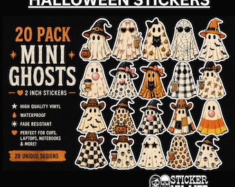 20 Mini Ghost Halloween Stickers | Cute Ghost Sticker Pack | Waterproof Vinyl Stickers | Laptop, Water Bottle & Journal Decals | 2" Die Cut