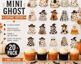 20 Mini Ghost Halloween Cupcake Toppers 2" | Cute Ghost Party Decorations | Halloween, Birthday, Boo Basket | Set of 20
