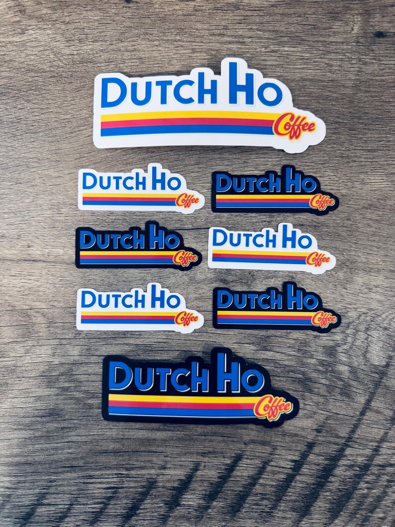 May include: A collection of stickers with the text "DUTCH HO Coffee" in a blue, yellow, and red design. The stickers vary in size and background color, with some having a white border and others a black border. The word "Coffee" is in a cursive font.