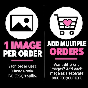 Puede incluir: Un gr&aacute;fico negro con dos c&iacute;rculos blancos. El c&iacute;rculo izquierdo muestra un icono de imagen con el texto 1 IMAGE PER ORDER y Each order uses 1 image only. No design splits. El c&iacute;rculo derecho muestra un carrito con un coraz&oacute;n rosa.