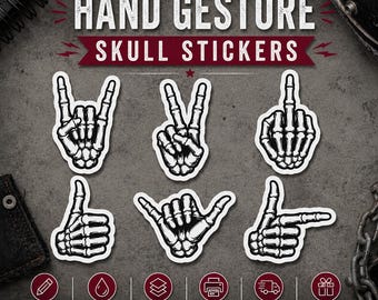 Pegatinas de gestos de mano de esqueleto / Rock On, Paz, Shaka, Pulgar arriba, Señalar y Dedo medio / Compra una o el paquete completo de 6