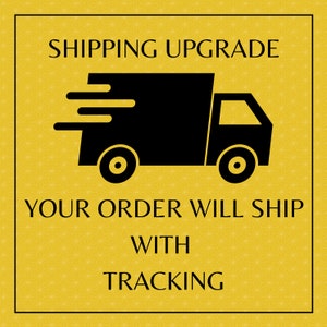 May include: A square graphic with a yellow background featuring a repeating geometric pattern. Centered is a black silhouette of a delivery truck with motion lines. The text reads: SHIPPING UPGRADE YOUR ORDER WILL SHIP WITH TRACKING.