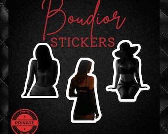 Puede incluir: Fondo negro con la palabra "Boudoir" en escritura roja y la palabra "STICKERS" en letras rojas. Se muestran tres pegatinas de contorno blanco de mujeres en lencería. Un sello rojo "PRIVATE" está en la parte inferior izquierda.
