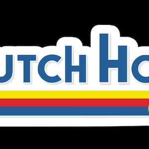 May include: A sticker with the text "Dutch Ho Coffee" in blue letters. Below the text are three horizontal stripes in yellow, red, and blue. The word "Coffee" is in red and yellow cursive font.