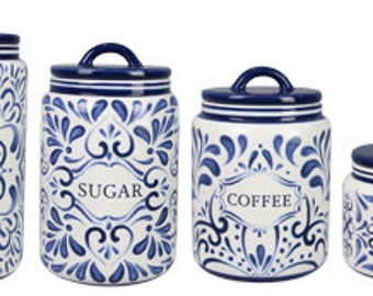 ceramic BLUE and WHITE TALAVERA canister 4 pcs set-blue and white canister-blue and white kitchen decor