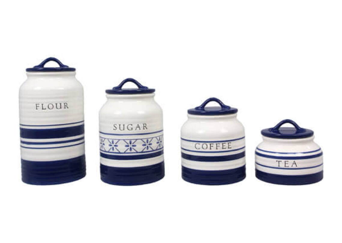 Ceramic Blue and White Canister Set of 4 With Stamped Letting Etsy