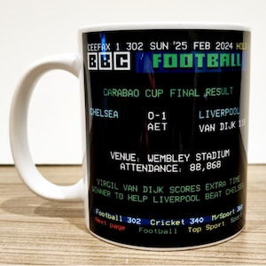 Liverpool v Chelsea 1-0 Carabao Cup Final Winners Retro Personalised Ceefax Mug Coffee / Tea Mug