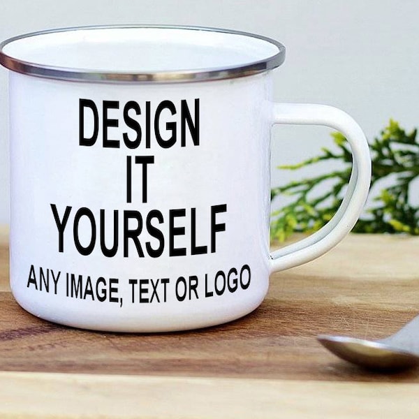 Personalised enamel tea or coffee mug. Personalized with your image or text. Tin, Steel mug ideal for tea,coffee or gin.