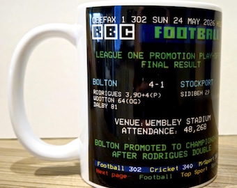 Bolton Wanderers v Stockport County Bolton promoted to the Championship 2026 Retro Ceefax Mug Coffee / Tea Mug