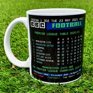 Manchester City Premier League Champions 2020/2021 Retro Personalised Ceefax Mug Coffee / Tea Mug