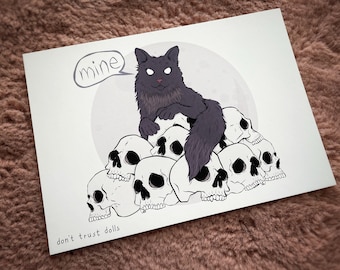 Cat sitting on skulls Horror Art Print - &quot;Mine&quot; Skull Cat. A5 art print. Cat art print. Skulls art print.