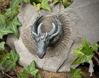 Handcrafted Dragon Skull Pendant • Sculpted Polymer Clay Necklace with Gem Eyes • Dark Fantasy, Mythic Relic Jewellery