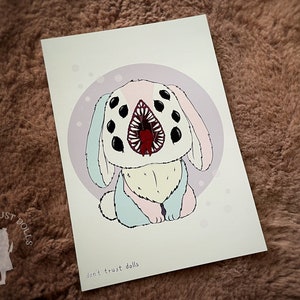 Monster rainbow bunny Horror Art Print - pastel bunny with teeth and saliva. A5 art print. Bunny art print. Mythical creature art print.