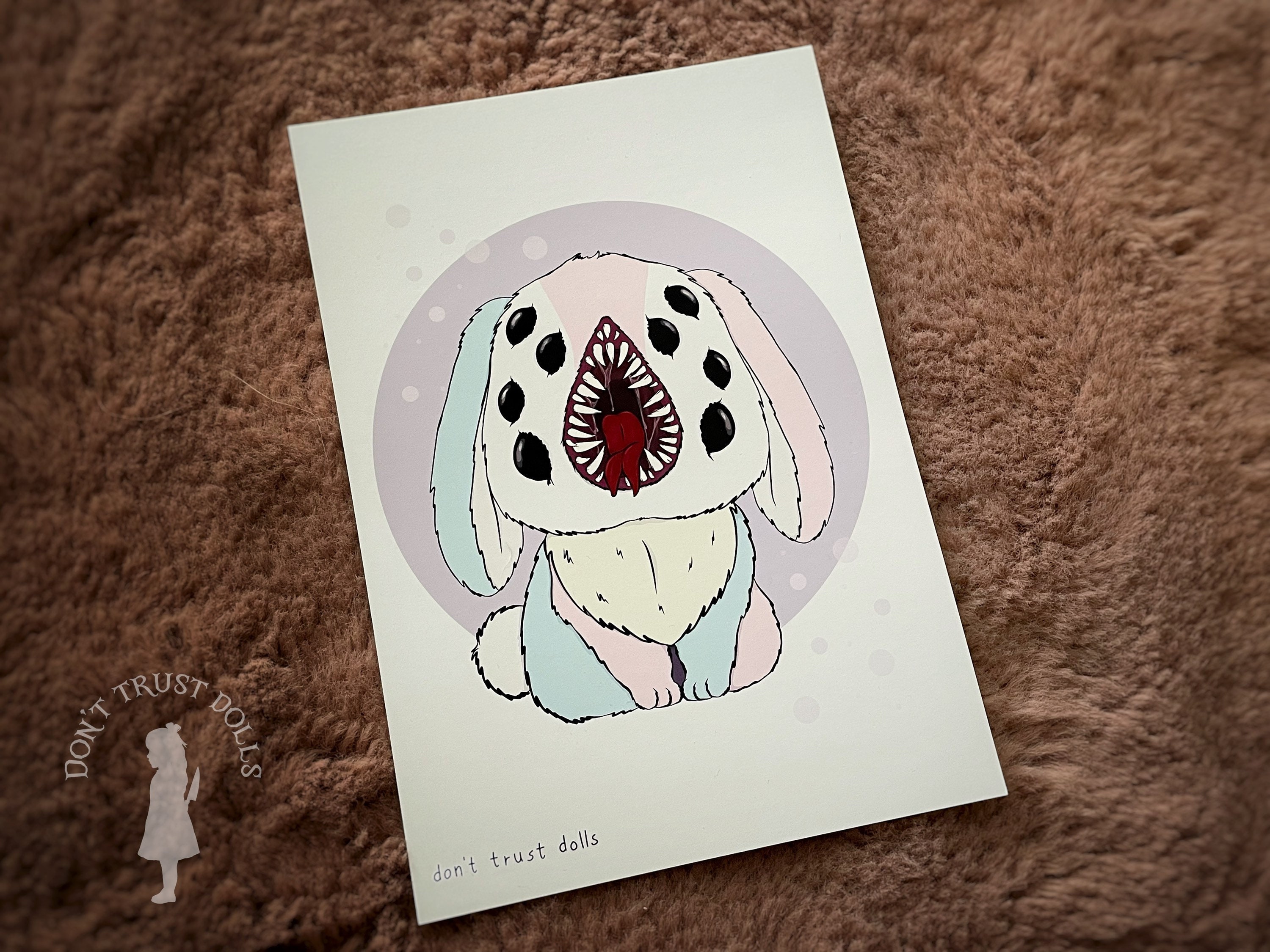 Monster rainbow bunny Horror Art Print - pastel bunny with teeth and saliva. A5 art print. Bunny art print. Mythical creature art print.