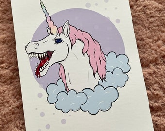 Monster Unicorn Horror Art Print - pastel unicorn with teeth and saliva. A5 art print. Unicorn art print. Mythical creature art print.